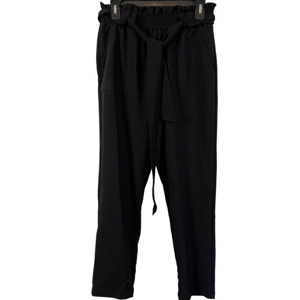 Grace Karin Womens Black Paper Bag Belted Tie Waist Pull On Stretch Pants NWT M